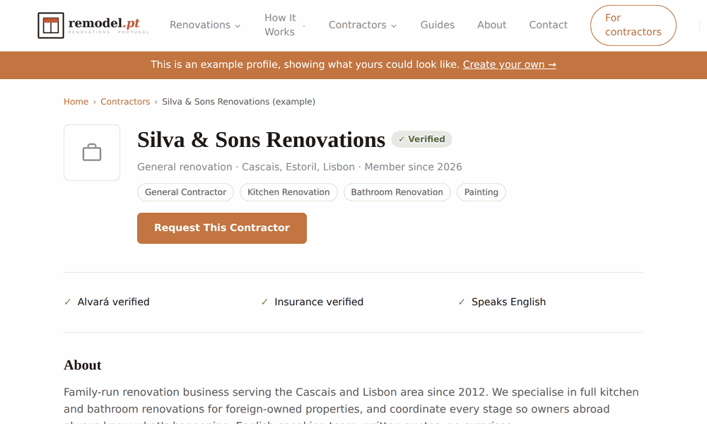 Example of a free contractor profile page on remodel.pt