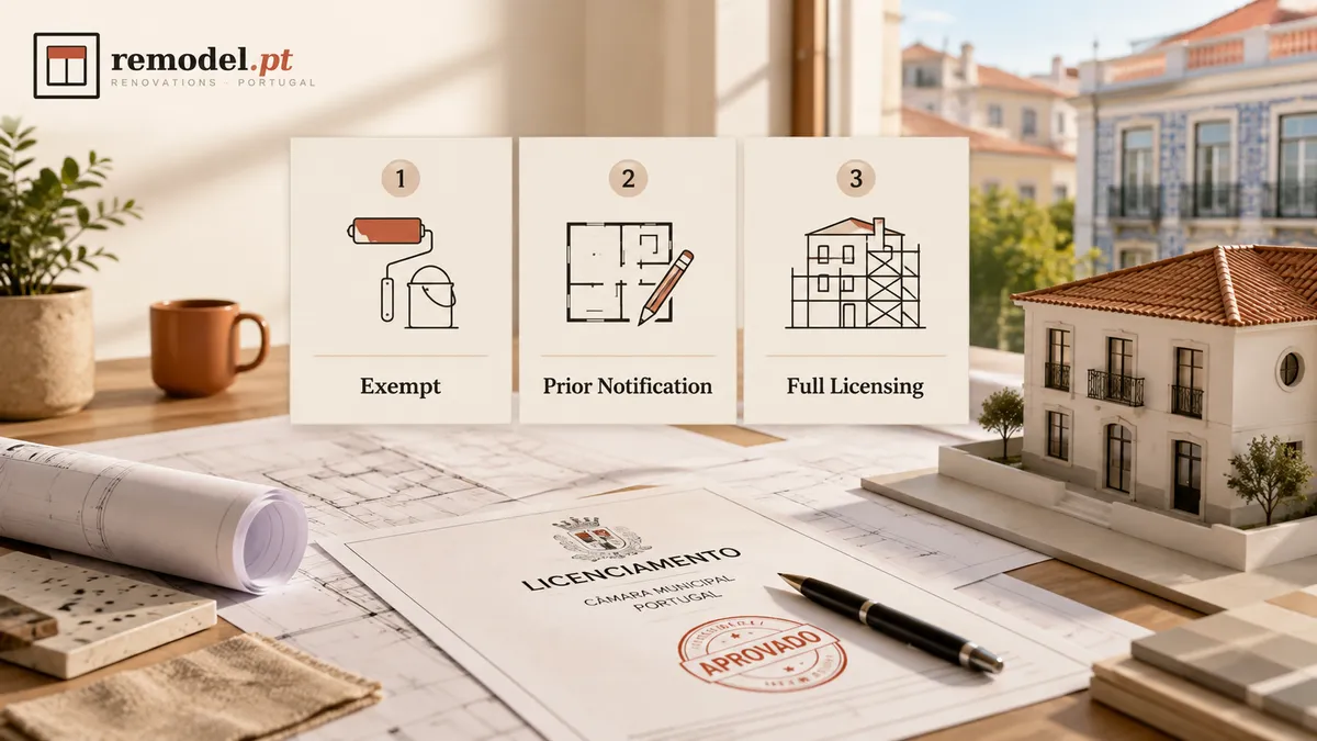 The three renovation permit categories in Portugal: exempt, prior notification, and full licensing