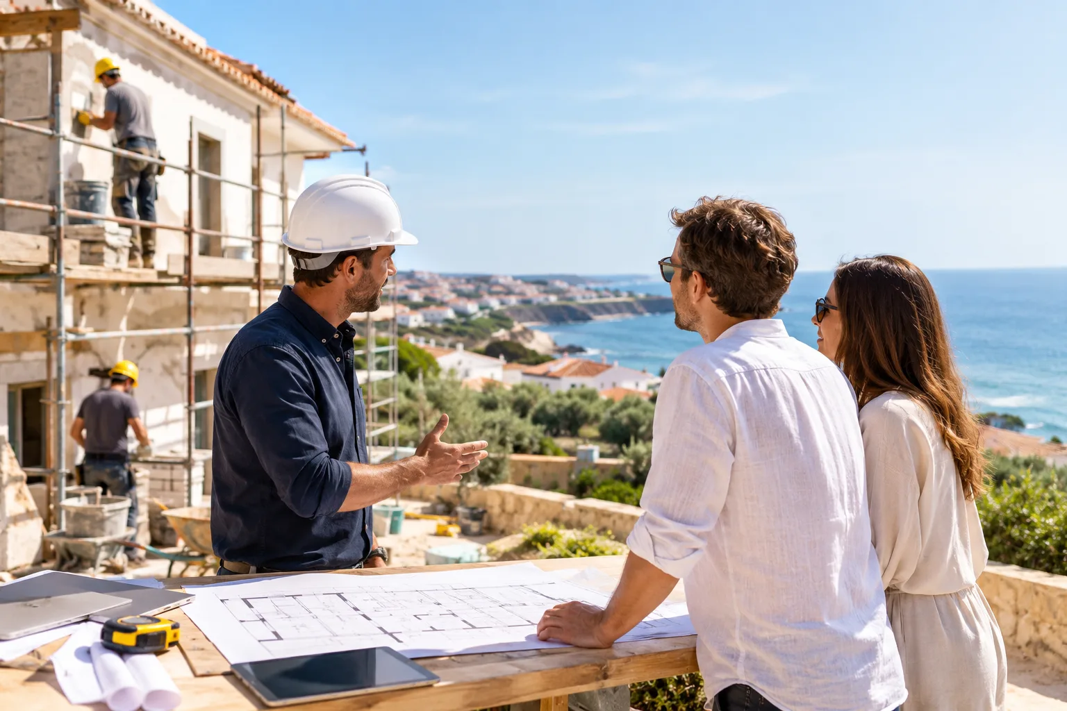 Um gestor de projeto a rever plantas com um casal num local de renovação com vista para a costa portuguesa