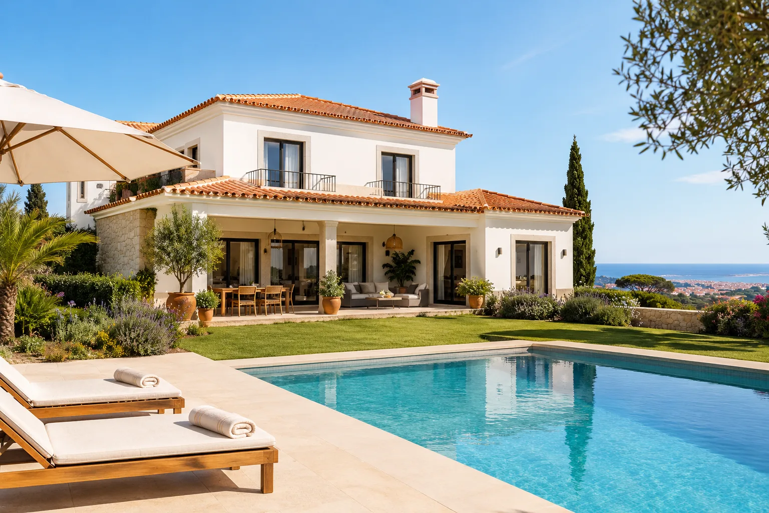 A renovated Portuguese villa with a pool, terrace, and coastal view, illustrating the scope of a full villa renovation