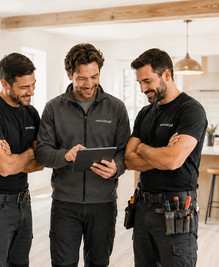 Three remodel.pt contractors reviewing a job on a tablet inside a renovated Portuguese home