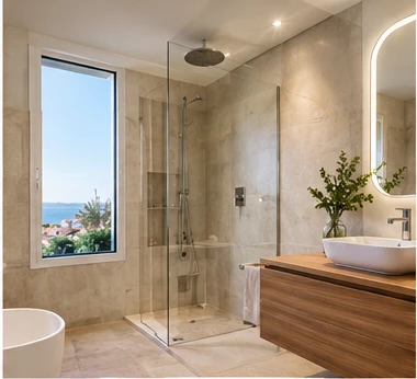 Finished bathroom with walk-in shower and stone tile