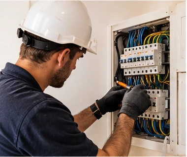 Electrician checking a consumer unit and circuit breakers