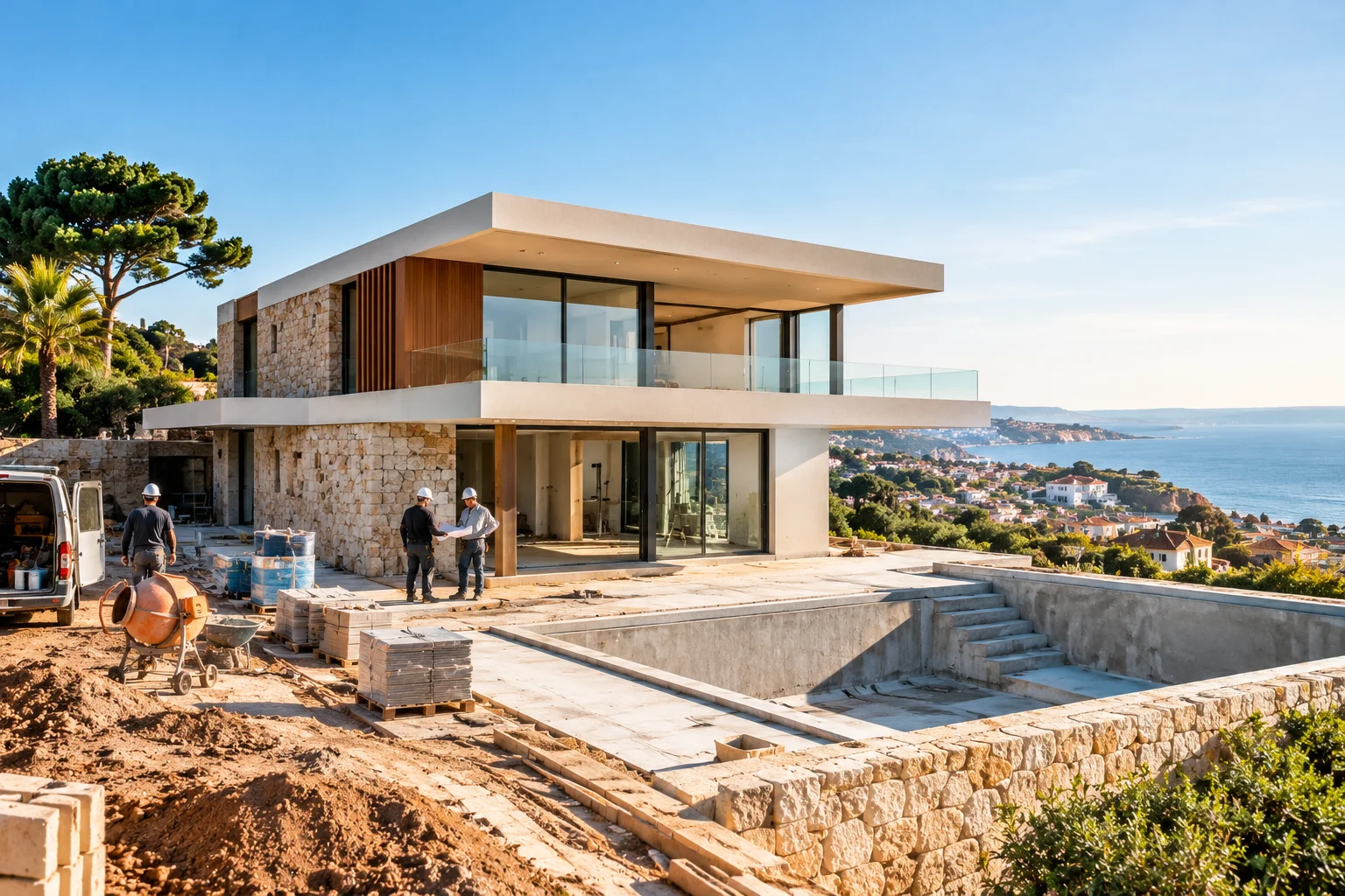 New house under construction above the coast