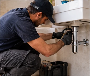 Plumber fitting the trap under a basin