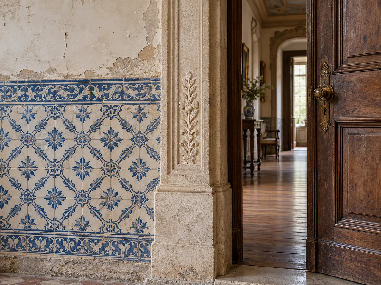 Blue and white azulejo tiles beside a carved stone doorframe and a timber door in a historic Portuguese home