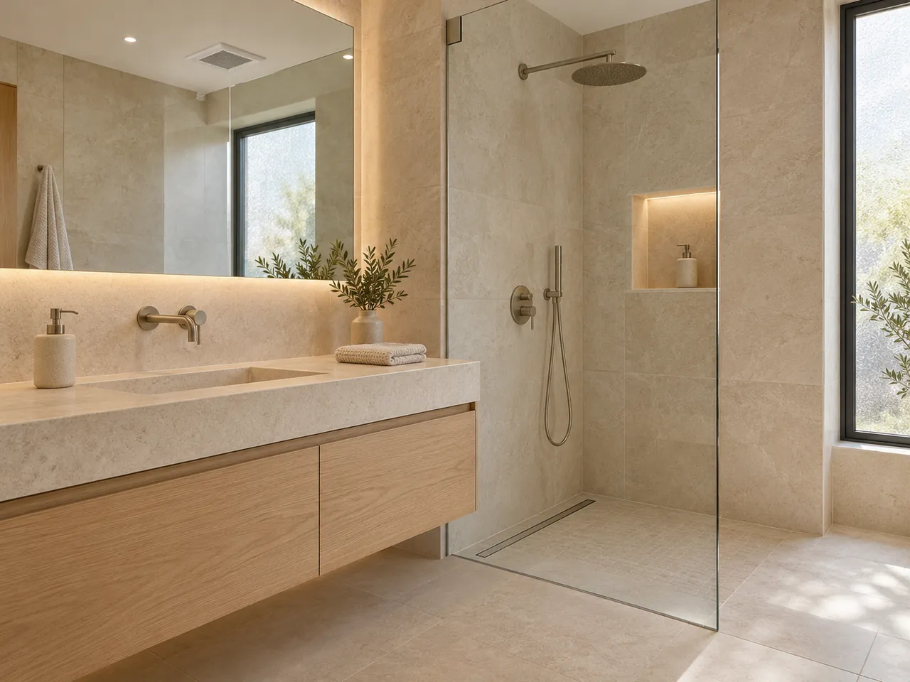 Renovated bathroom with a stone walk-in shower, floating oak vanity and warm lighting
