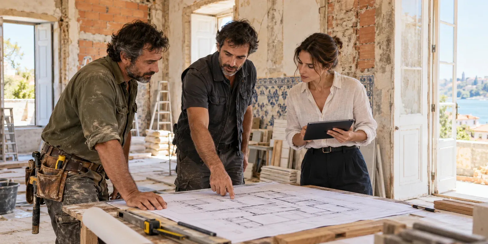 Builder, contractor and project manager with a tablet reviewing floor plans in a stripped-back Portuguese apartment under renovation, builder vs contractor vs project manager Portugal 2026