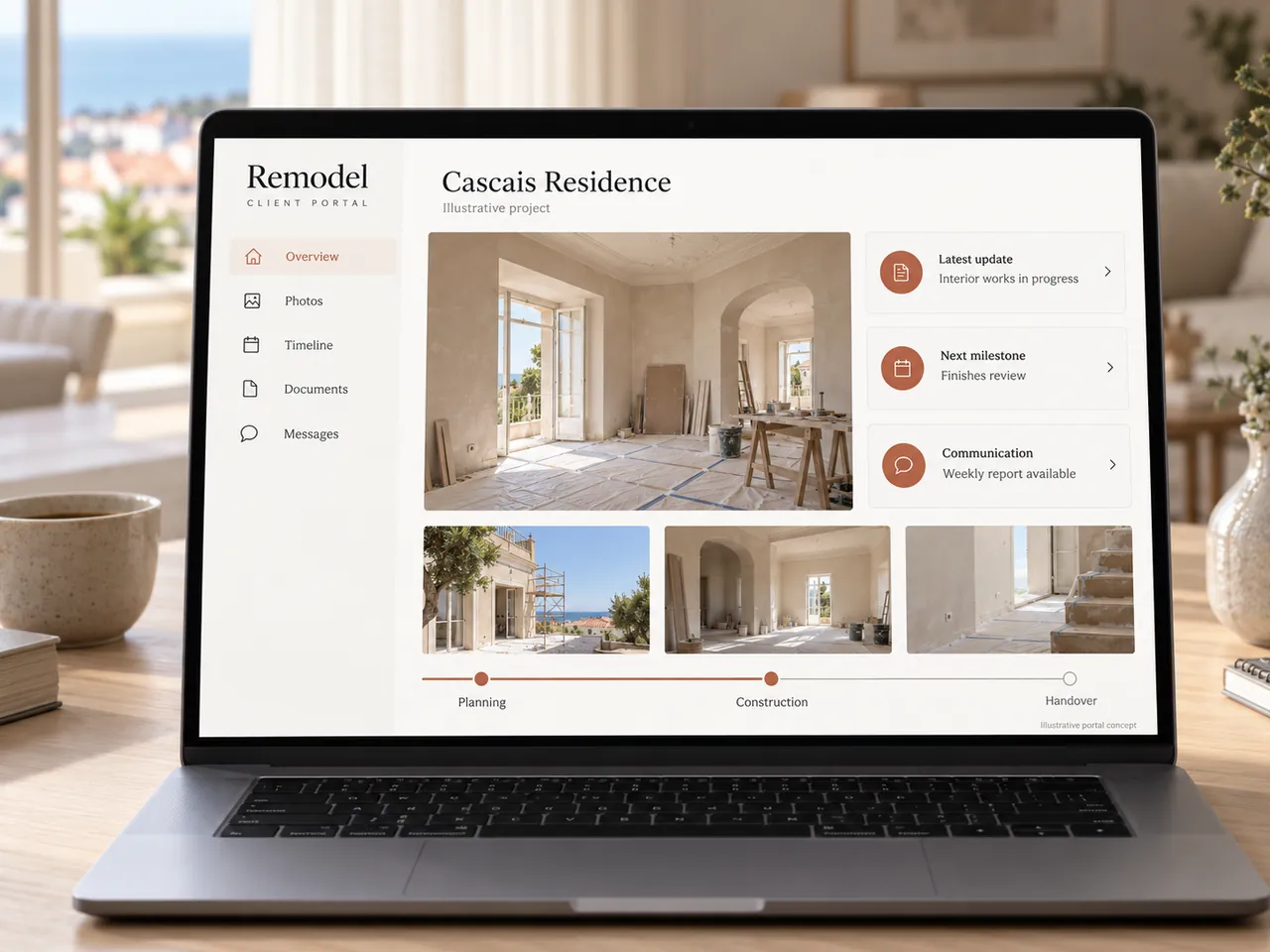 Illustrative client portal concept showing project photos, timeline and a weekly report on a laptop