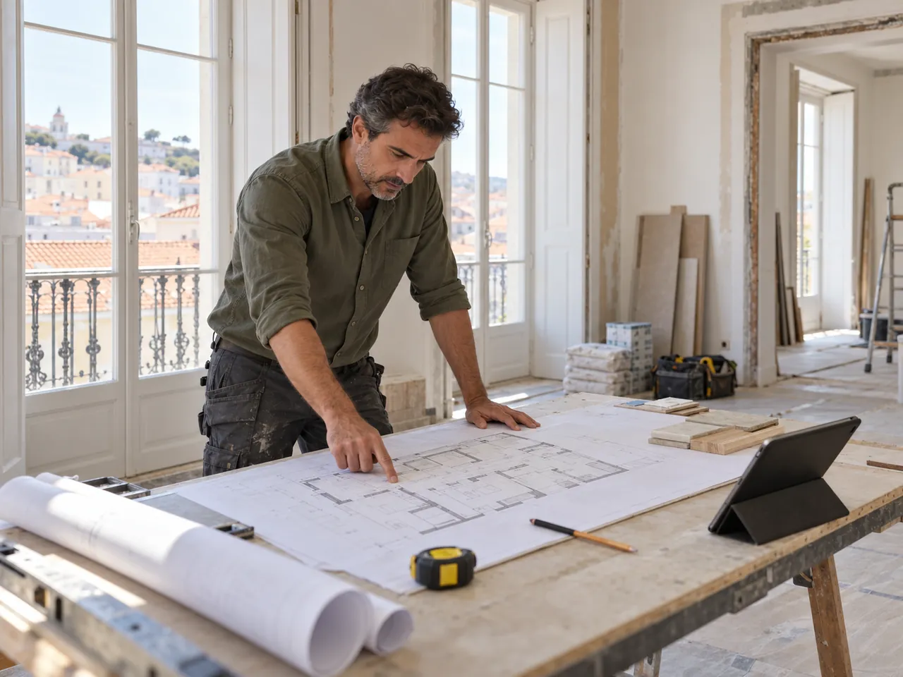 Contractor studying renovation plans in a Lisbon apartment with period windows