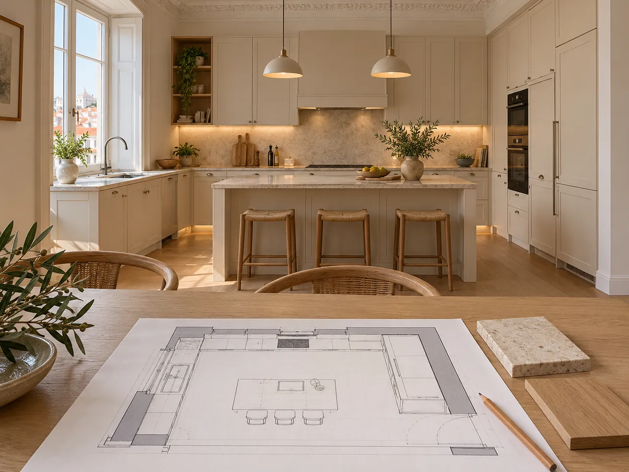 Kitchen renovation with an island and shaker cabinetry, with the floor plan on the table in a Lisbon apartment