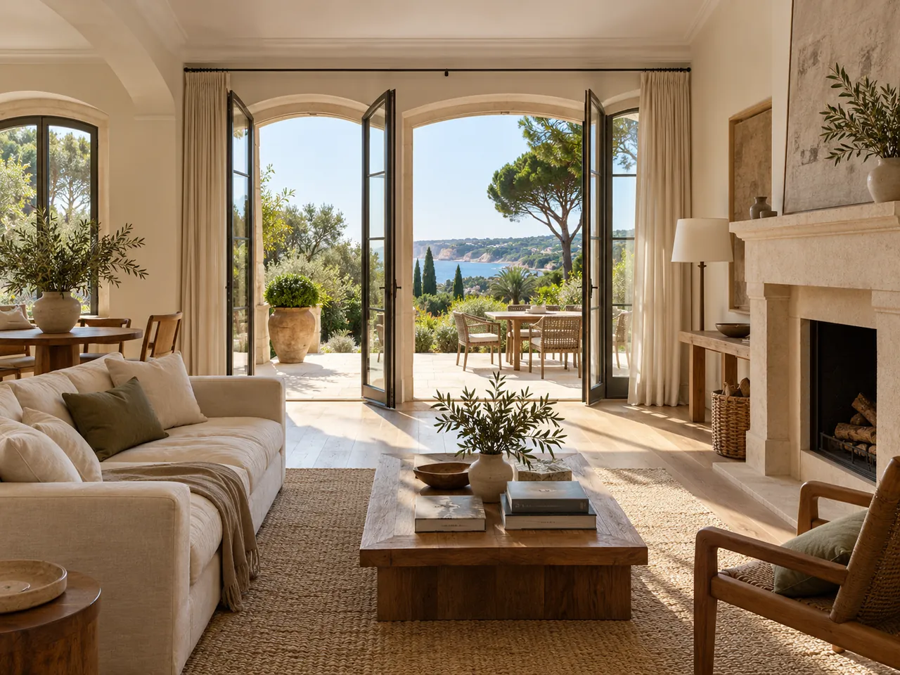 Bright villa living room with arched doors opening onto a terrace and sea view