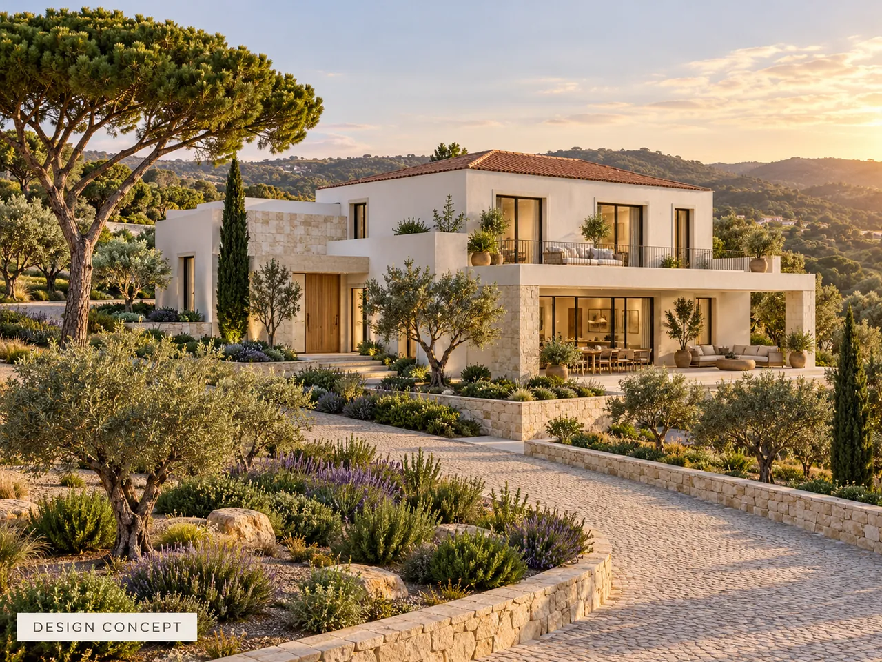 Design concept of a modern villa with stone terraces and olive trees in a Portuguese landscape