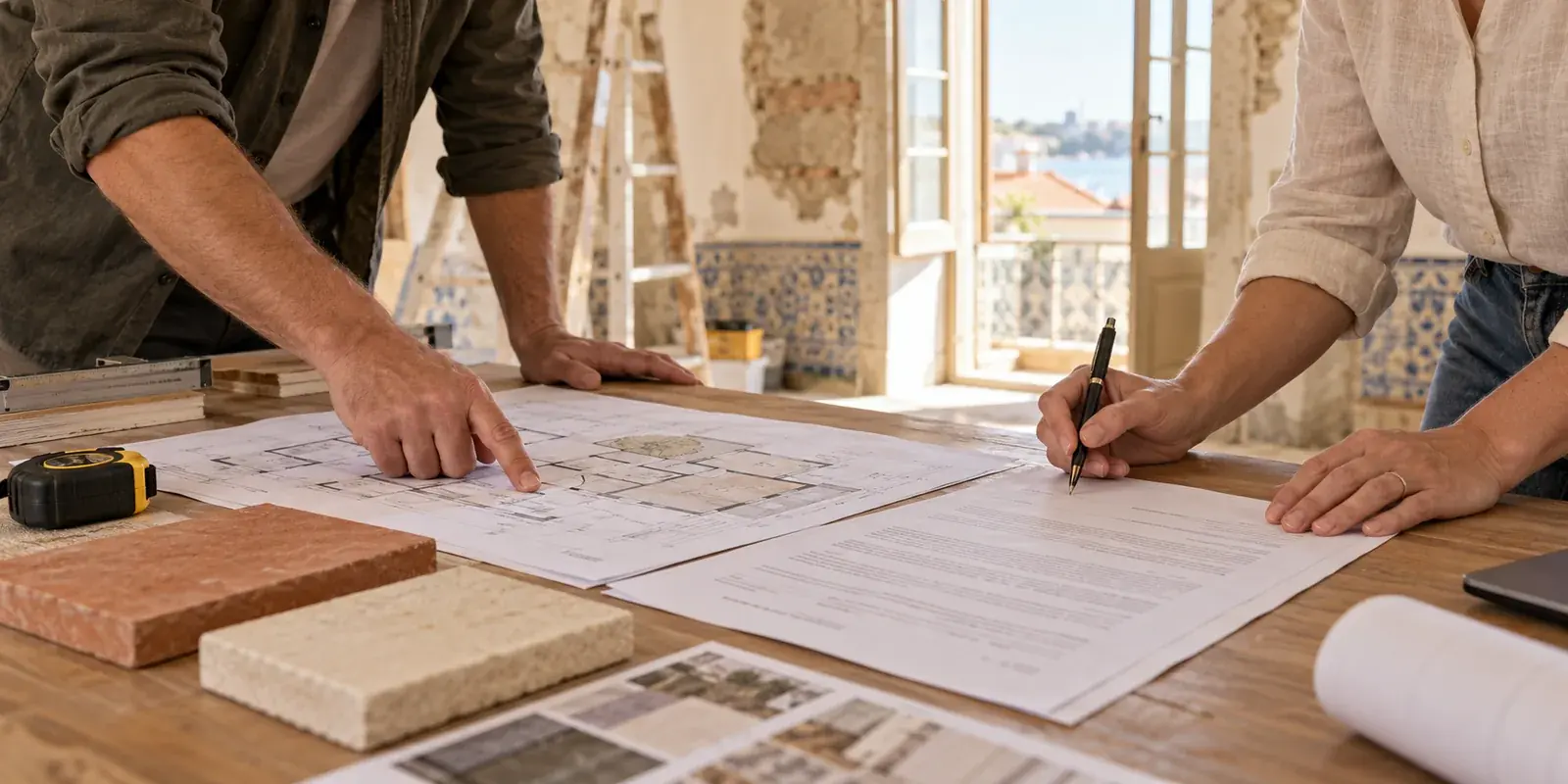 Owner signing a renovation contract beside floor plans and tile and stone samples in an apartment being renovated, renovation contract Portugal 2026