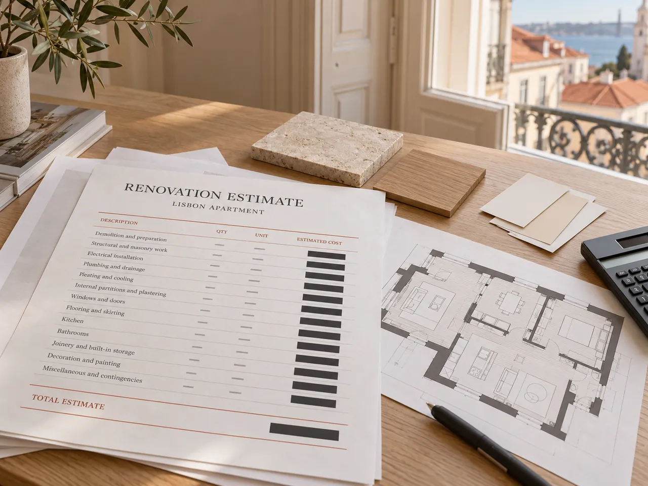 Itemised renovation estimate for a Lisbon apartment beside a floor plan and material samples