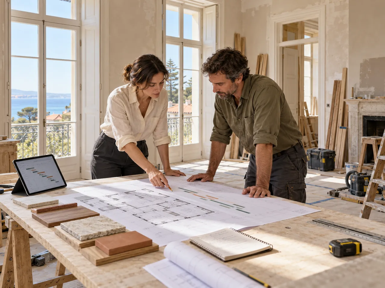 Homeowner and contractor reviewing renovation plans and material samples on site in a Portuguese apartment
