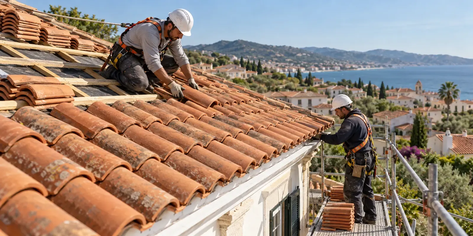 Two roofers in safety harnesses relaying terracotta tiles on a coastal Portuguese house under clear skies, best time to repair a roof in Portugal 2026