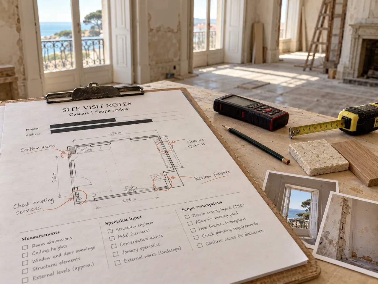 Site visit notes on a clipboard with a measured floor plan, checklist and laser measure in a Cascais property
