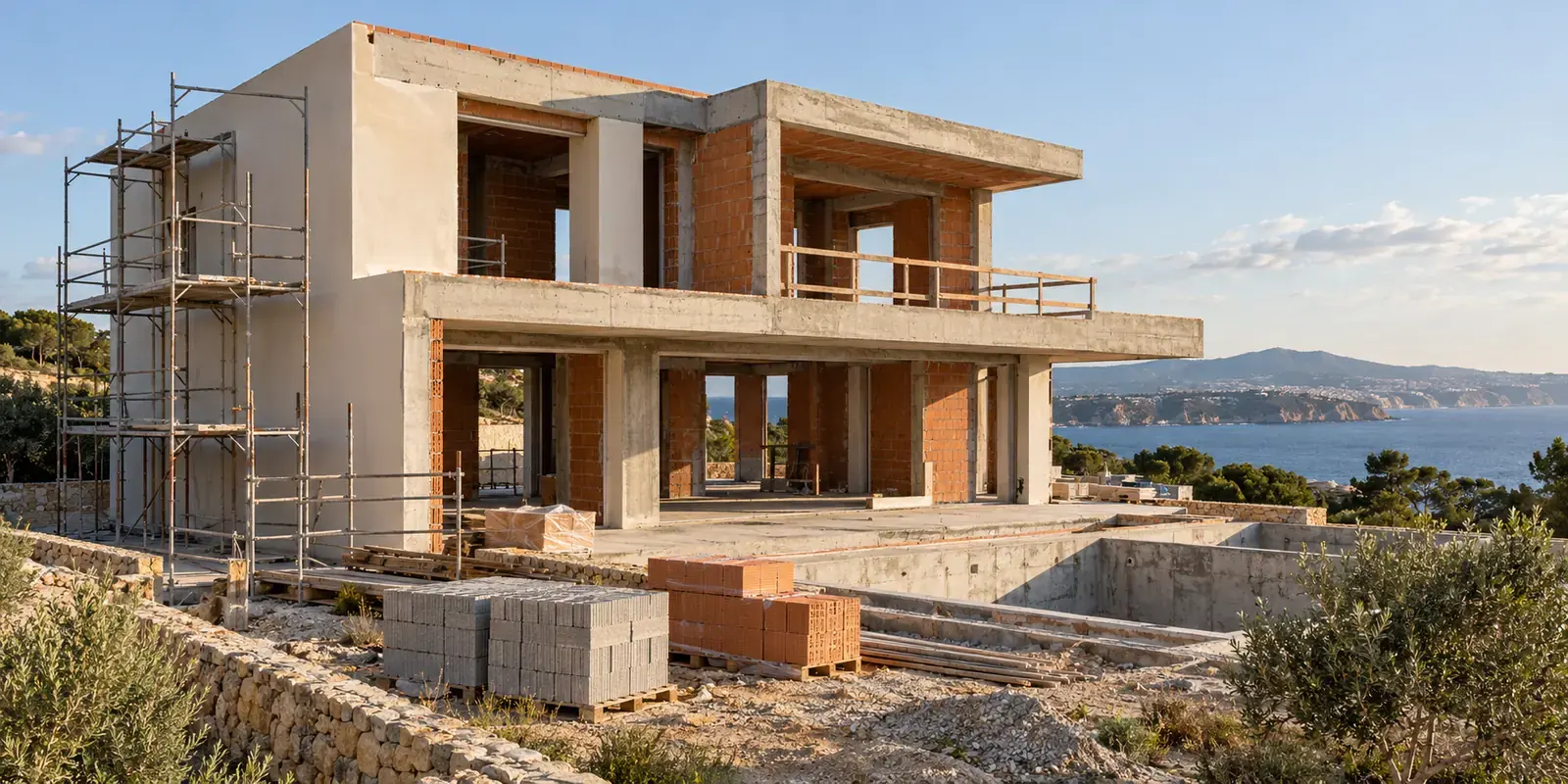 Half-built coastal villa with idle scaffolding and unused pallets of brick, a stalled contractor project in Portugal, 2026