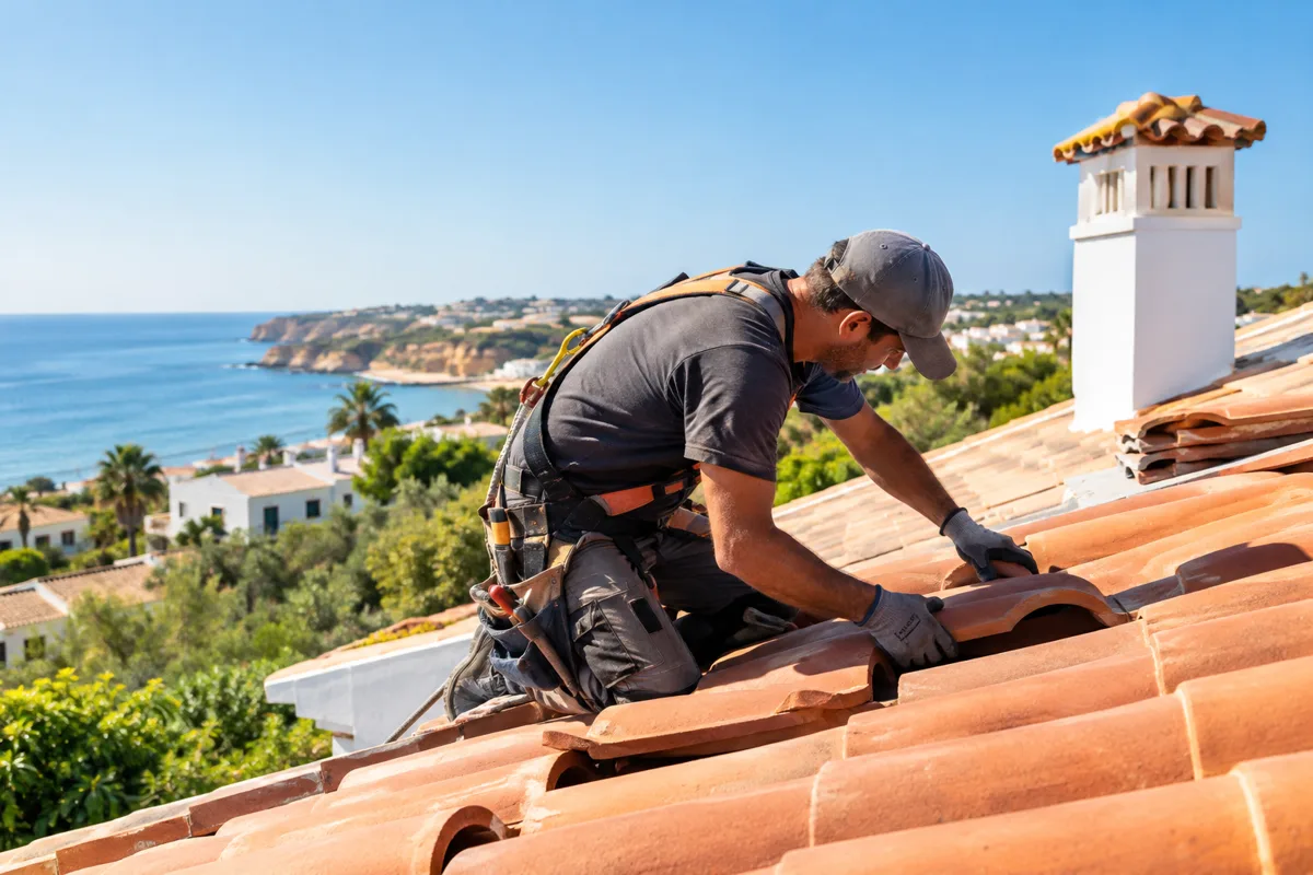 Roofer in a safety harness laying terracotta tiles beside a white chimney